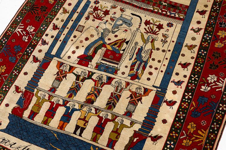 A pictoral Qashqai rug, Southwest Persia, c. 222 x 152 cm.