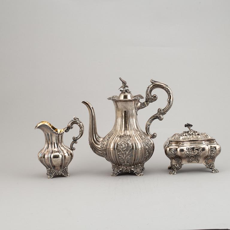 A Swedish matched three-piece coffe-set, mark of Mollenborg, Stockholm 1845 and 1852.