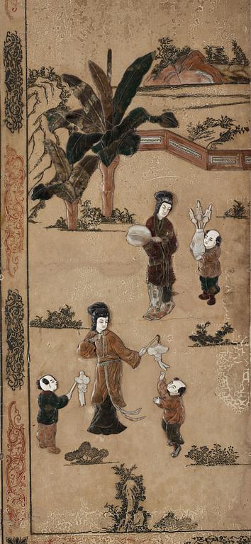 A painted and inlayed four-foulded screen, Qing dynasty (1644-1911).