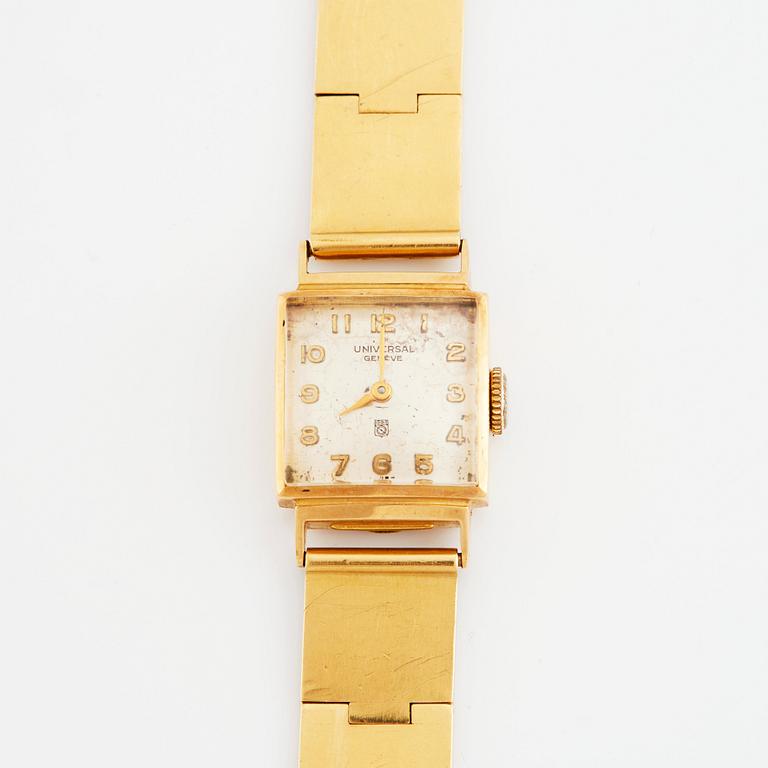 an 18K gold bracelet executed in Lund 1955 with an Universal wrist watch.