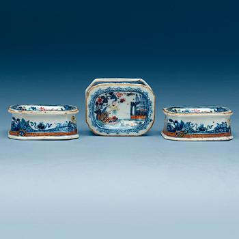 1743. A set of three blue and white with enamels salts, Qing dynasty, Qianlong (1736-95).