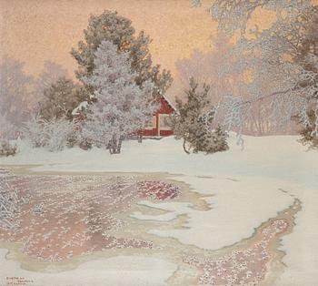 401. Gustaf Fjaestad, Vinter landscape with a red cottage.