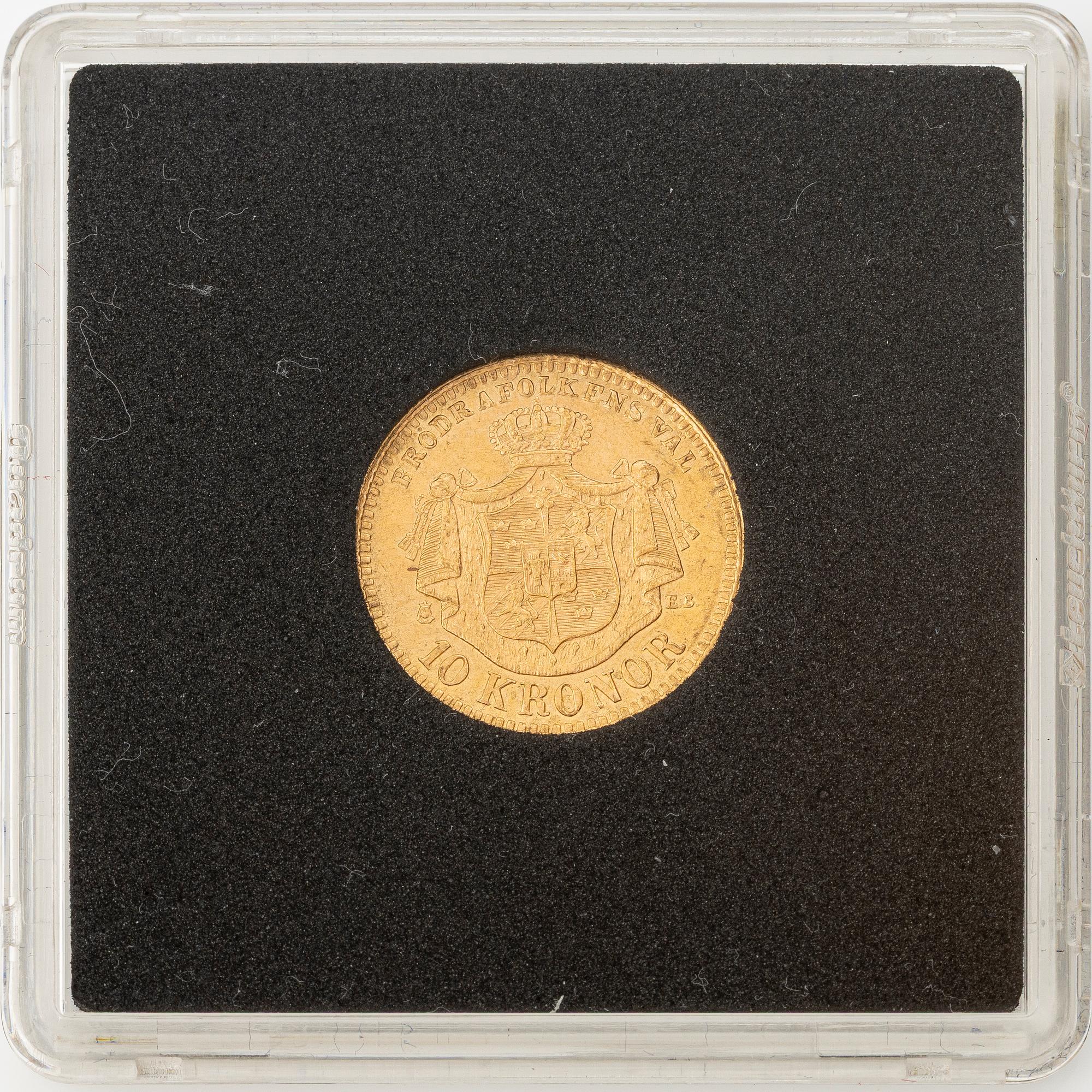 Gold coin, Oscar II, 10 kronor, type II, Sweden 1876.