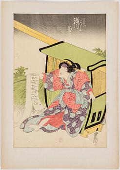 UTAGAWA KUNISADA, även kallad Toyokuni III (1786-1864) samt TOYOKUNI II (1777-1835) färgträsnitt, tre stycken. Japan.