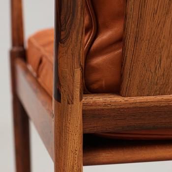 Ib Kofod-Larsen, a pair of "Samsö" palisander and brown leather easy chairs, Olof Persons Fåtöljindustri (OPE) Sweden 1960's.