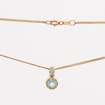 2 rings and 1 pendant 18K gold, brilliant-cut diamonds and 1 aquamarine ca 7 mm, chain metal.