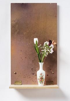 Fredrik Vaerslev, mixed media on panel, hinges, porcelin vase, plastic flowers.