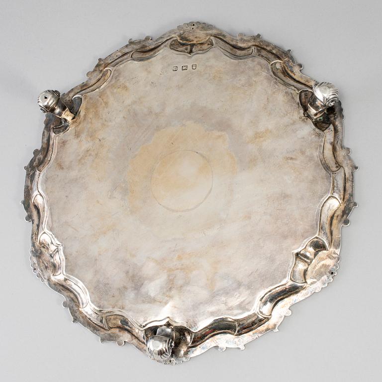 An English 18th century silver salver, unidentified makers mark, London 1750.