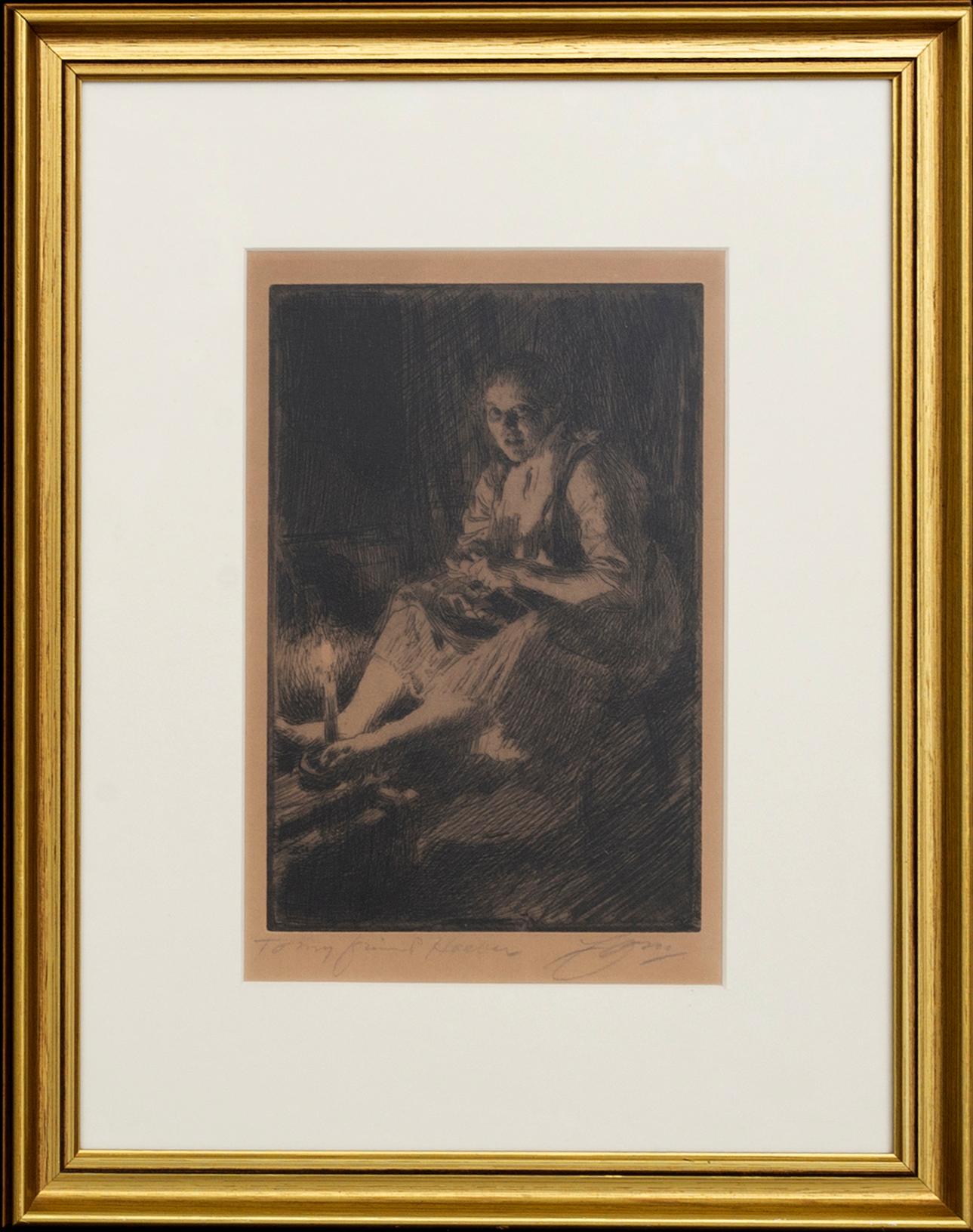 Anders Zorn, etsning, 1905, signerad med dedikation.