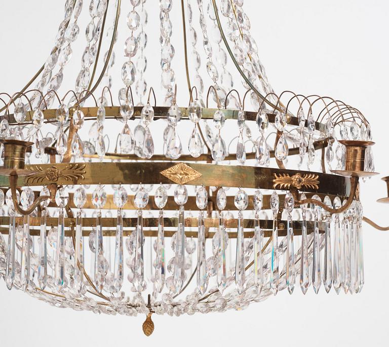 A late Gustavian gilt-brass and cut-glass six-light chandelier, Stockholm, circa 1800.
