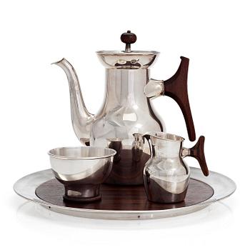 Tapio Wirkkala, a three-piece sterling silver and rosewood coffee set with tray, Kultakeskus, Hämeenlinna  1959-1971.