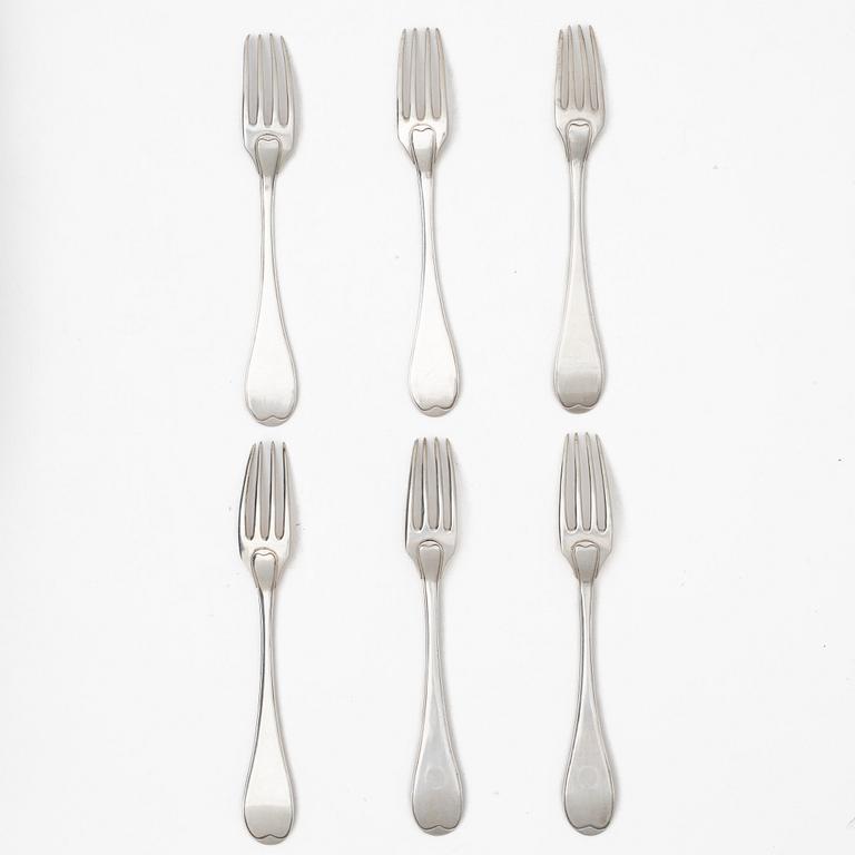 Six Swedish silver forks, mark of Conrad Thulin, Landskrona 1829.