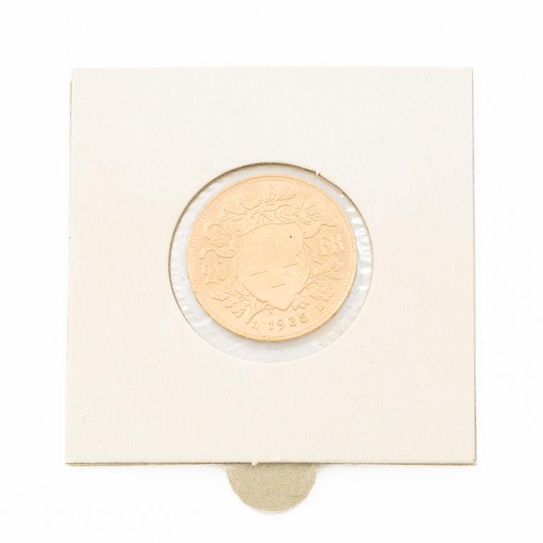 Gold coin, Switzerland, 20 Franc, 1935,