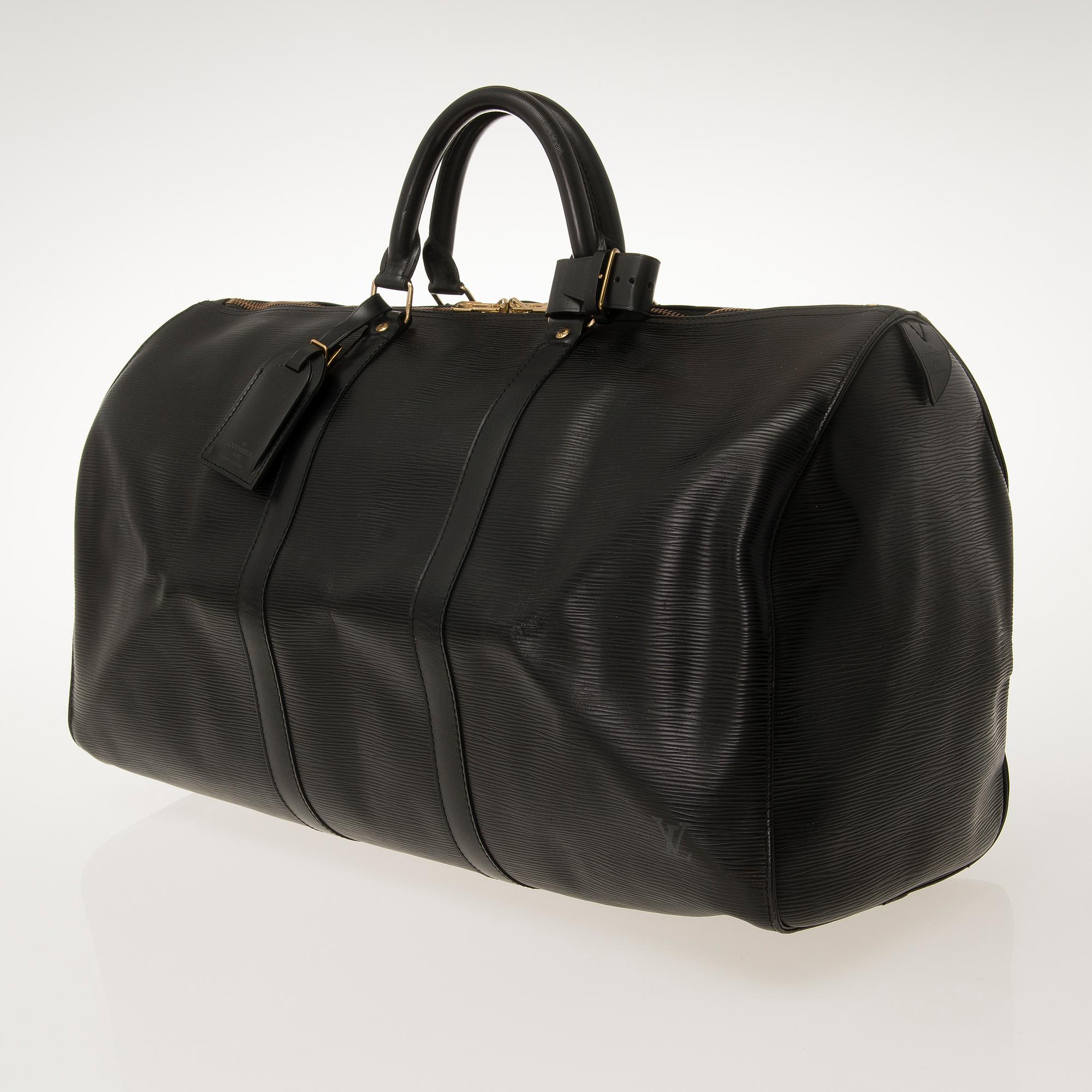 LOUIS VUITTON BLACK EPI LEATHER KEEPALL 50 TRAVEL BAG.