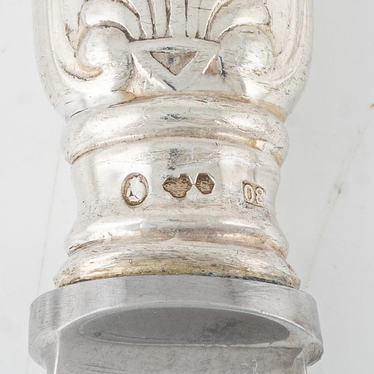 Matknivar, 6 st, silver, modell Engelsk snäck, CG Hallberg, Stockholm 1946.