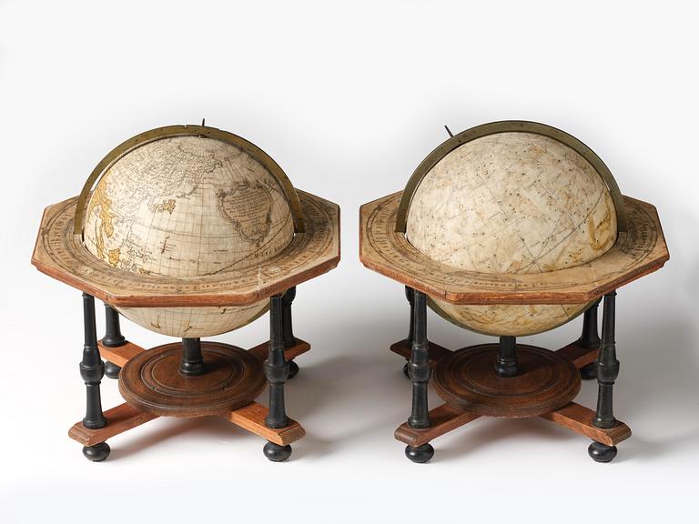 A pair of terrestrial and celestial library globes by A. Åkerman (manufacturer of globes in Uppsala 1759-78), 1759.
