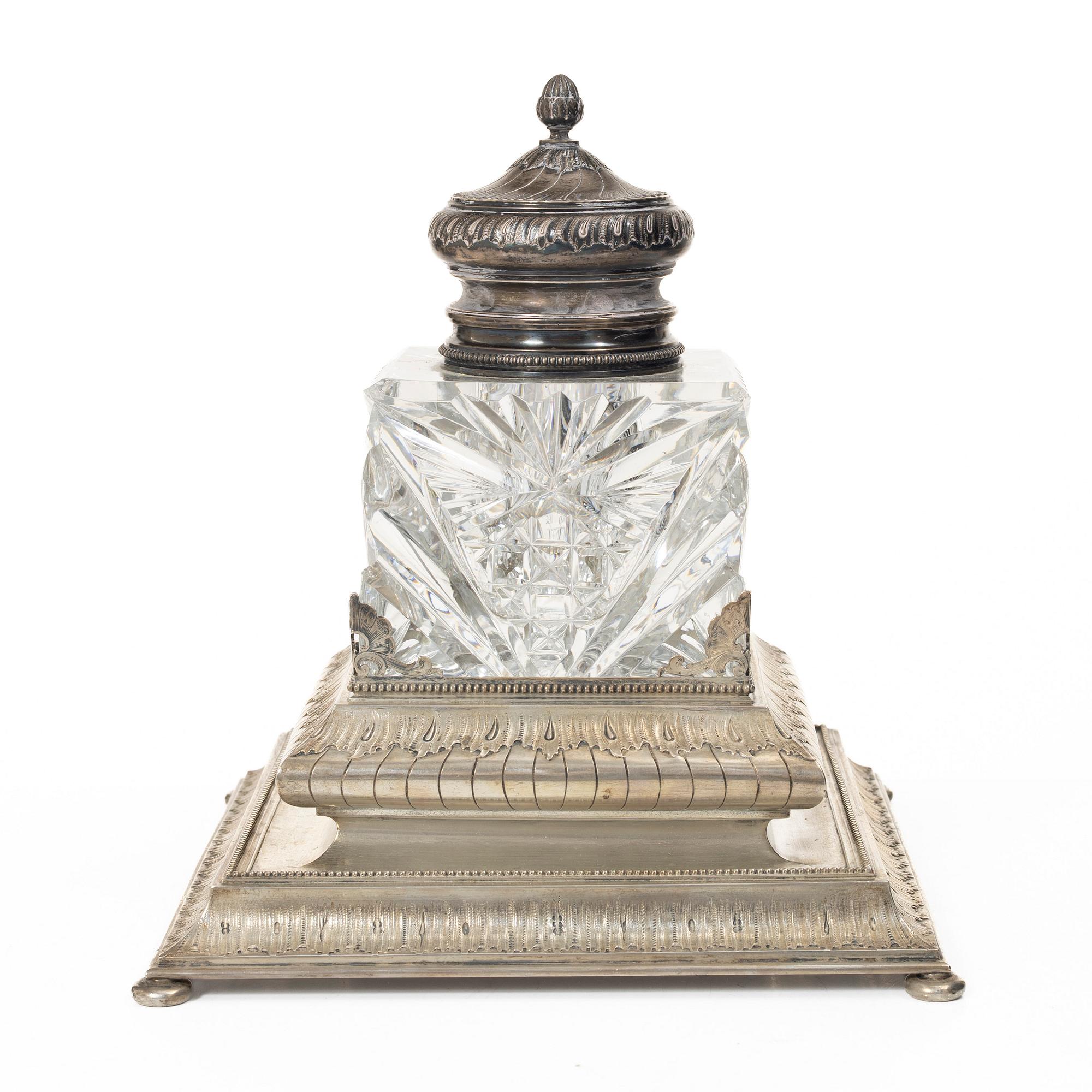 A Russian inkwell, silver and glass, Morozov, St. Petersburg, Russia, turn of the 20th century.