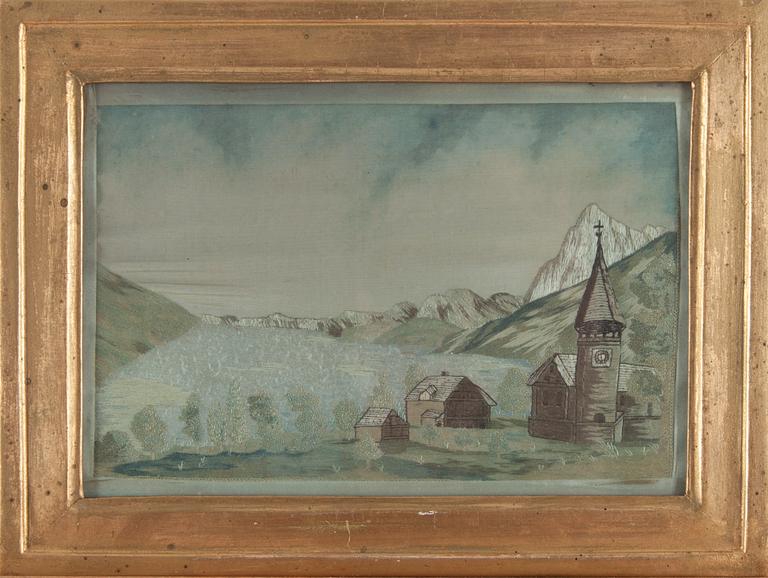 SIDENBRODERI, samt akvarell, 1800-talets första hälft.