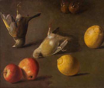 Jan Vonck Circle of, Still life with birds and fruits.