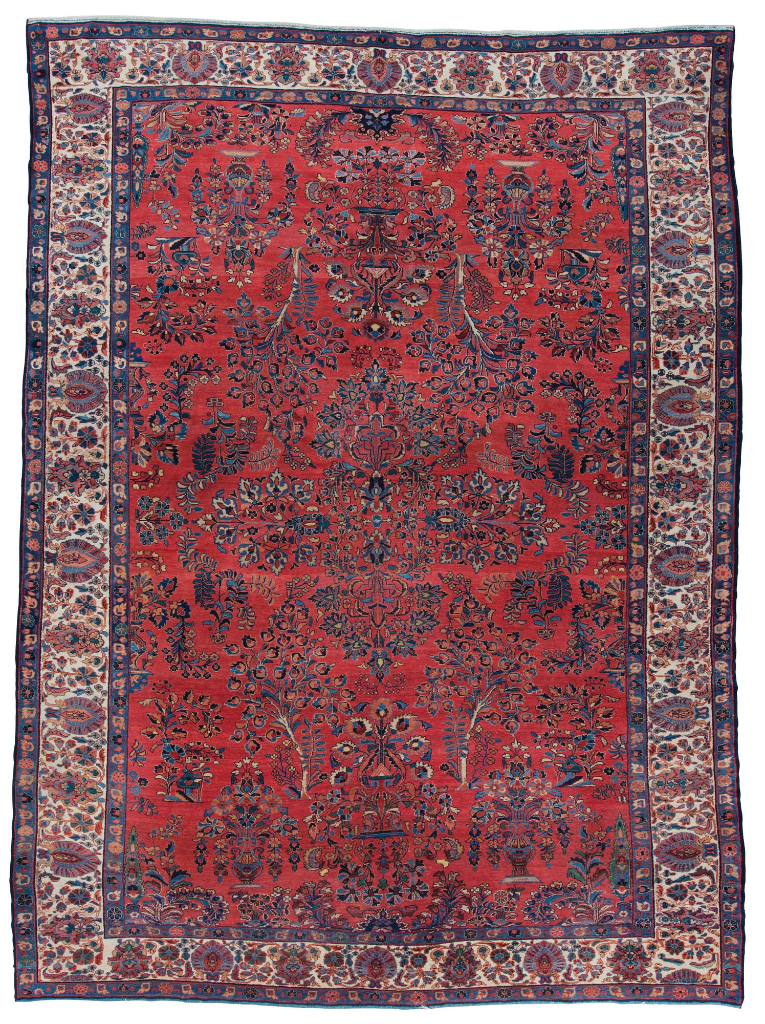 MATTA. Semiantik/Old Lilihan sannolikt. 471 x 349 cm (kortsidorna med 2-2,5 cm blå slätväv).