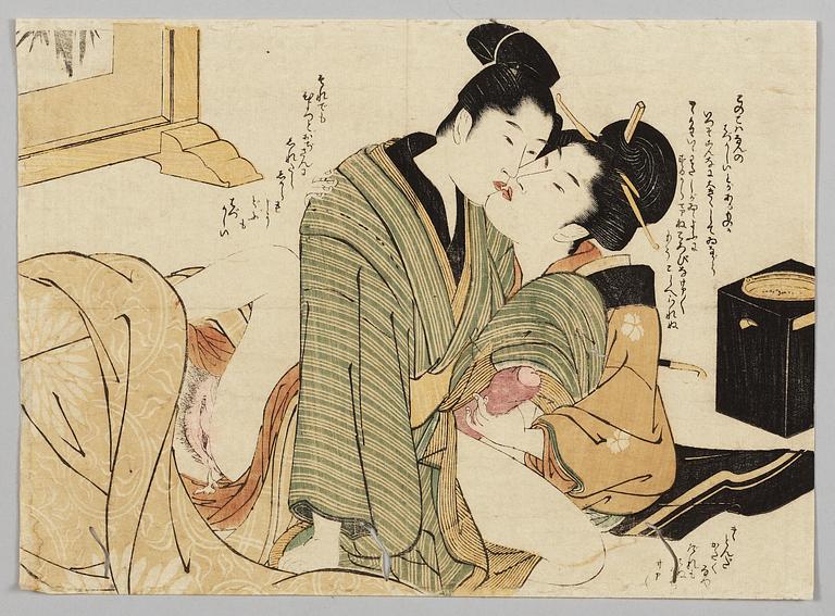 Utamaro, TRÄSNITT (5). Shungamotiv, omkring 1790-1805.