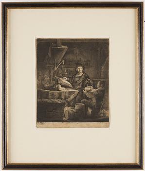 REMBRANDT HARMENSZ VAN RIJN, "The Goldweigher", etching and drypoint, signed in print etat III av IV "Rembrandt 1639".