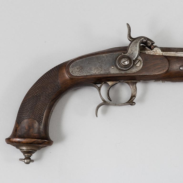 A 1840's French cased percussion pistols marked: Mre Rle de Maubeuge.