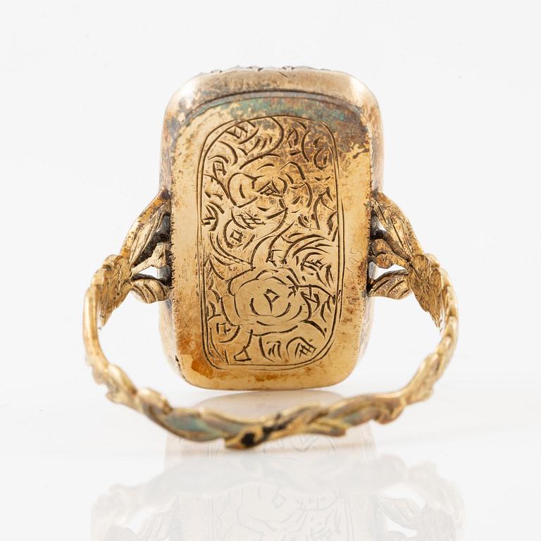 Ring 14K guld och koboltblå emalj med rosenslipade diamanter i form memento mori motiv av urna,  1700/1800-tal.