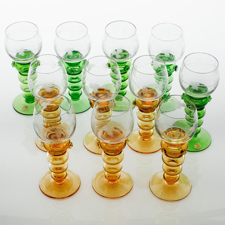 Eleven wine glasses from Theresienthal in Germany, around the mid 20th century/third quarter of the 20th century.