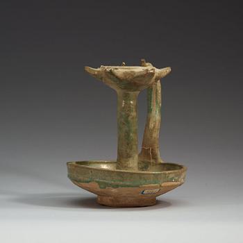 AN OIL LAMP, pottery with turquoise glaze. Height 21,5  cm. Persia (Iran), possibly Kashan 13th century.