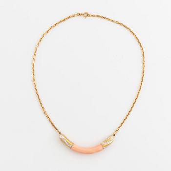 Coral and brilliant cut diamond necklace.