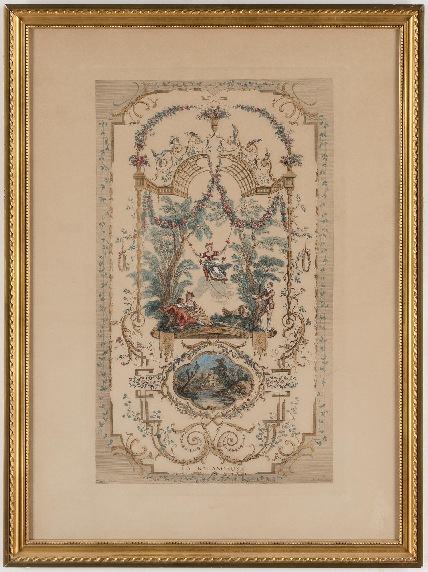 JEAN-ANTOINE WATTEAU, after. Two hand coloured 19th Century engravings.