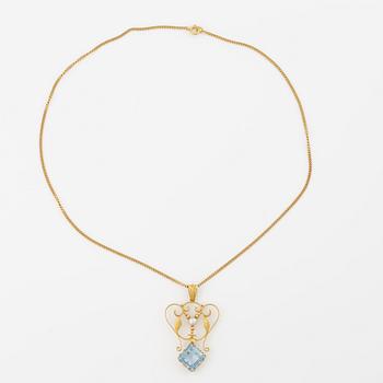 Pendant with chain, 18K gold and synthetic blue spinel, and pearl.