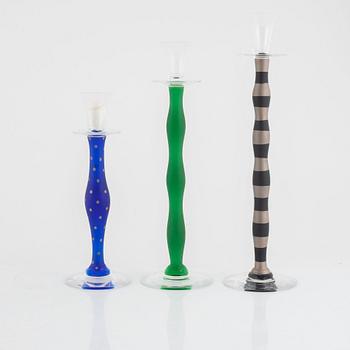 Anne Nilsson, candlesticks, 3 pcs, glass, "Celeste", Orrefors.