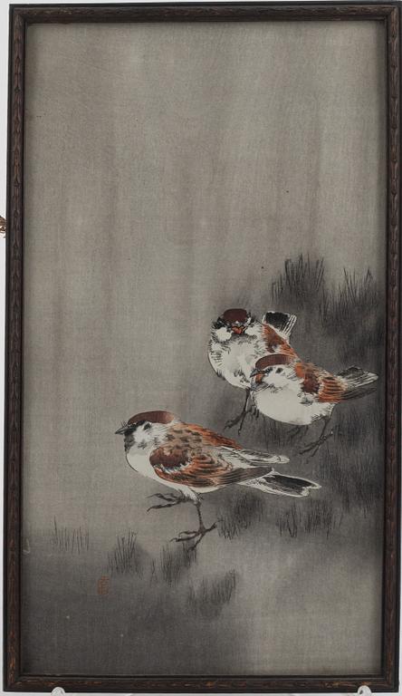 Ohara Koson, "Tre pilfinkar i regn".