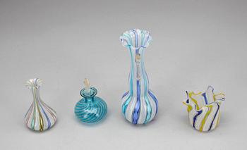 MURANOGLAS, 3 vaser och flakong med propp, Vetri Molati, Italien, 1900-tal.