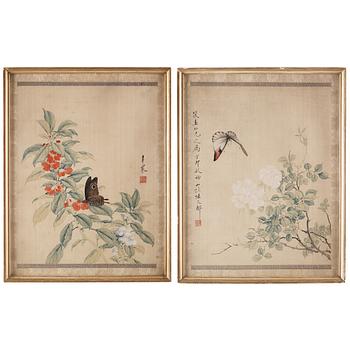MÅLNINGAR, två stycken, tusch och färg på siden. Lu Wenyu (1887-1974), signerad och en daterad, fjärilar.