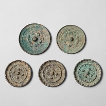 A set of five bronze mirrors, Tang dynasty (618-907).