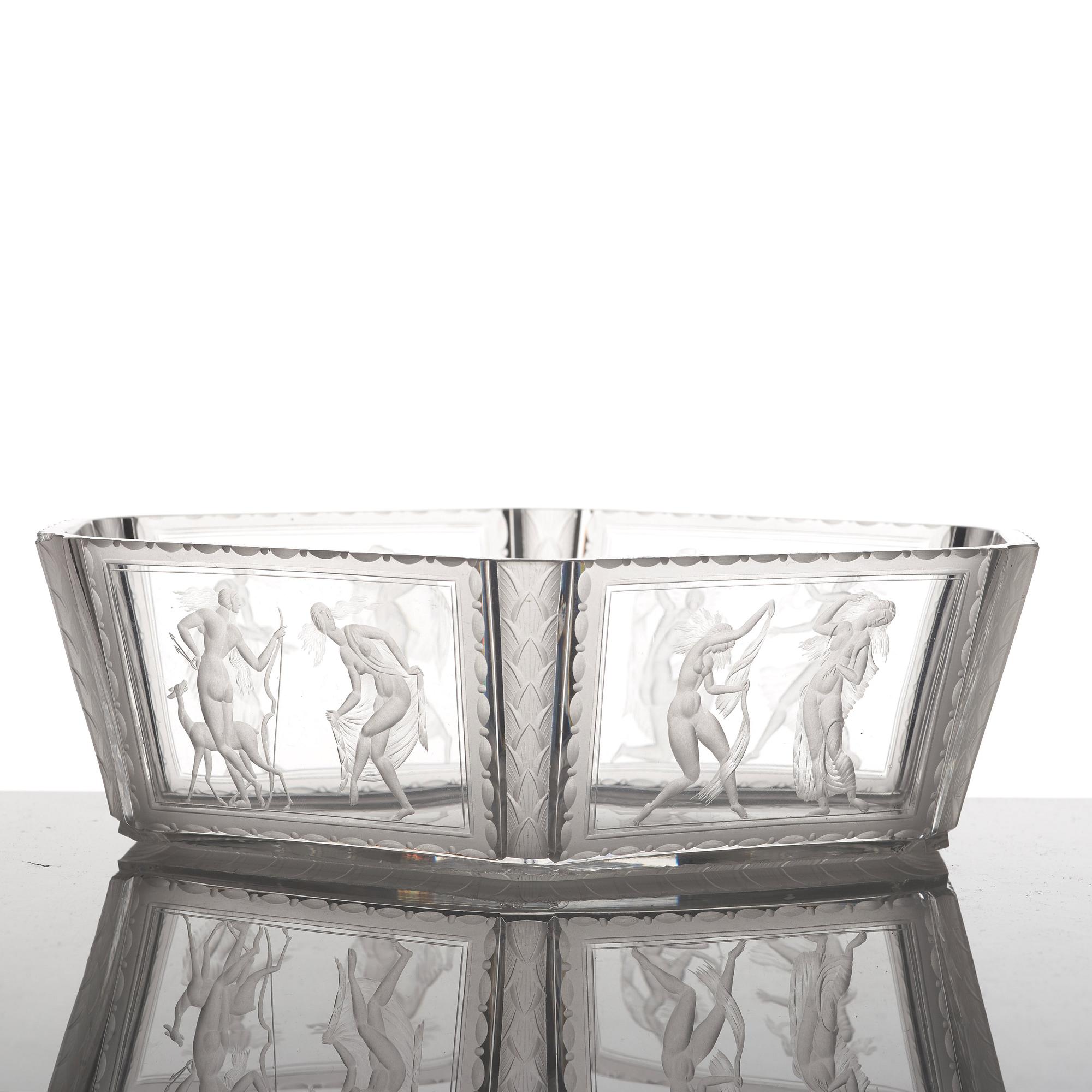 Simon Gate, an hexagonal engraved bowl, Orrefors, Sweden 1922, engraved by Richard Bayer, model nr 237.