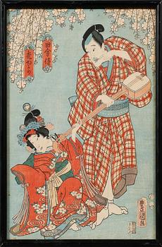 UTAGAWA KUNISADA (TOYOKUNI III), tillskrivna, 3 st, träsnitt, signerad i trycket.