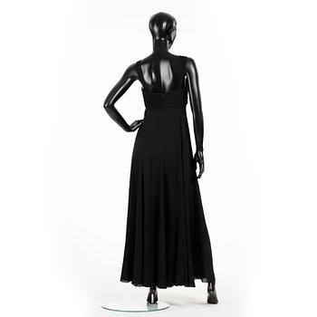 ARMANI, a black long silk dress.