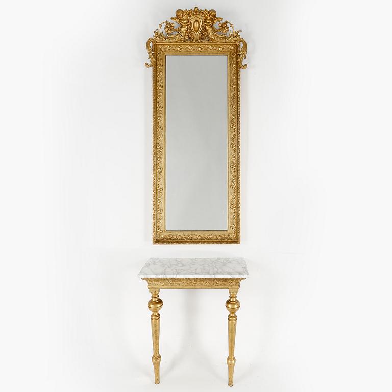 SPEGEL MED KONSOLBORD, nyrenässans, sent 1800-tal.