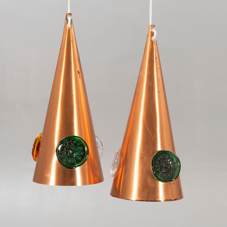 A set of two 1960s copper and glass ceiling pendants by Hans Bergström and Erik Höglund for Ateljé Lyktan.