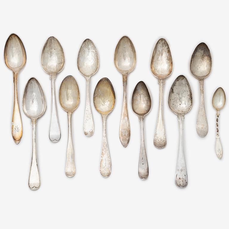 Sixteen silver spoons and seven teaspoons, Sweden, 19th and 20th century.