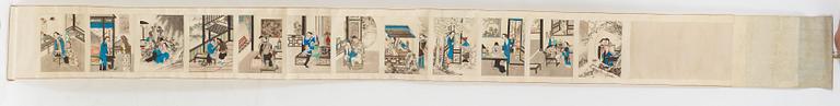 A set of twelve erotic paintings by an anonymous artist mounted as a hand scroll, late Qing dynasty (1644-1912).