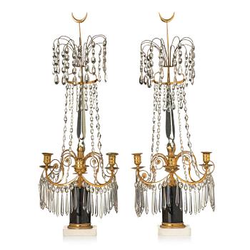 164. A pair of late Gustavian ormolu and marble three-light candelabra, Stockholm, late 18th century.