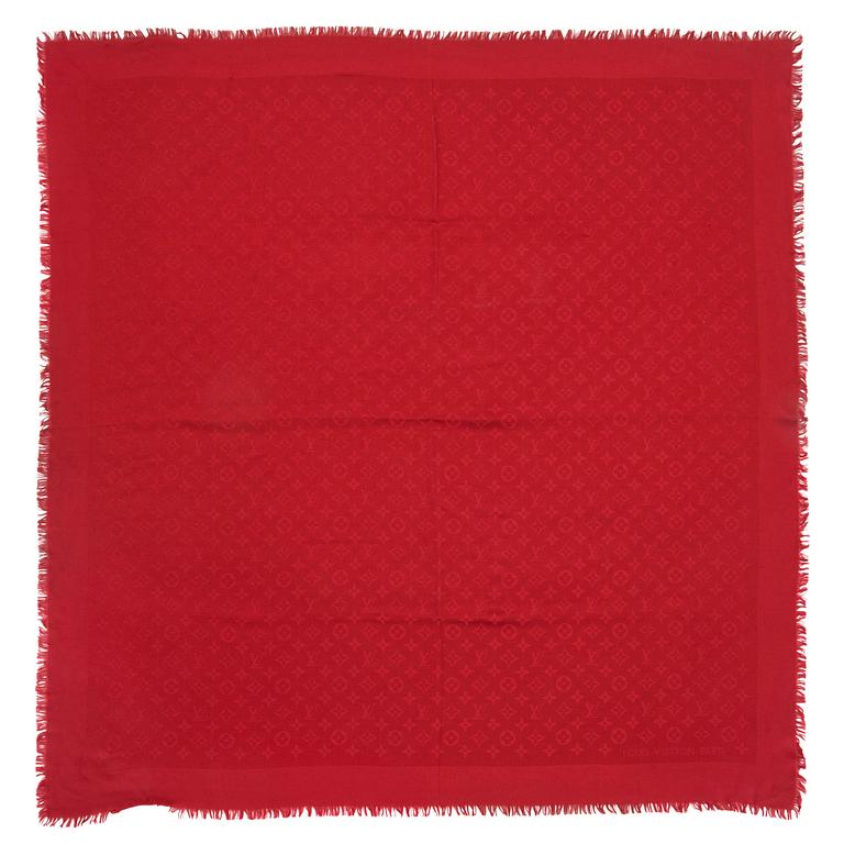 LOUIS VUITTON, a burgundy red monogrammed wool and silk shawl.
