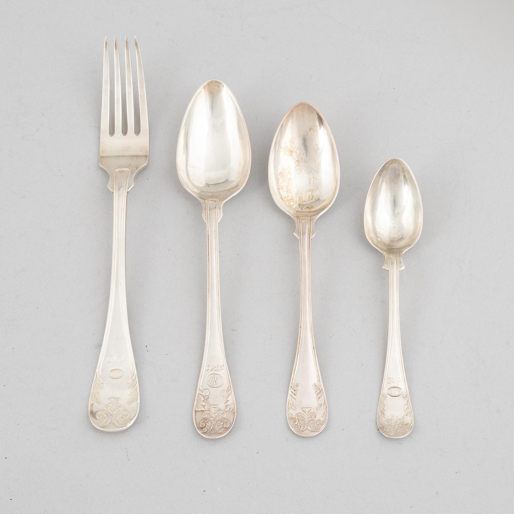 Bestick, silver, 25 delar, fransk rund, olika tillverkare.