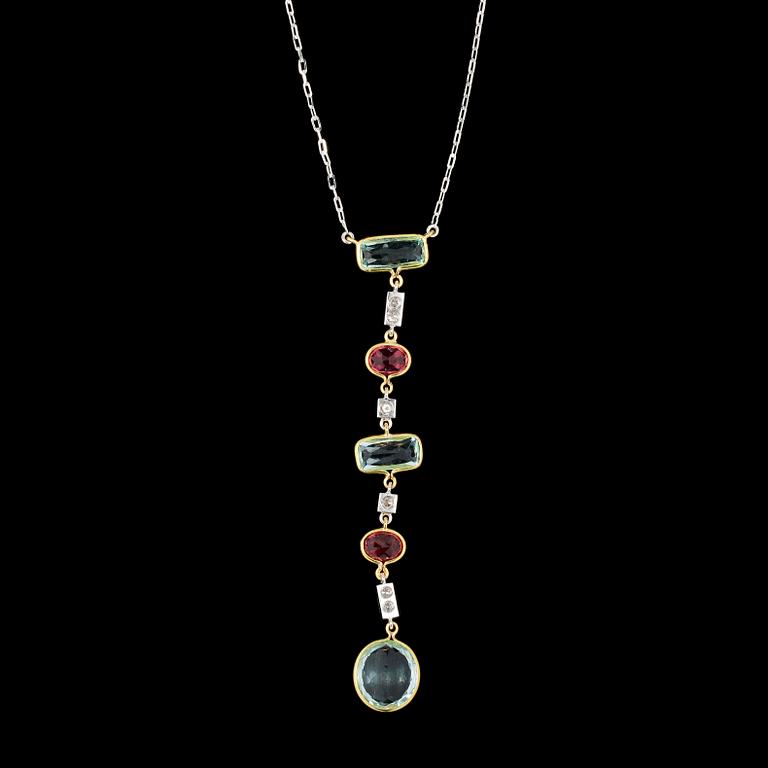 NECKLACE, aquamarines, tourmalines and brilliant cut diamonds, tot. app. 0.40 cts.