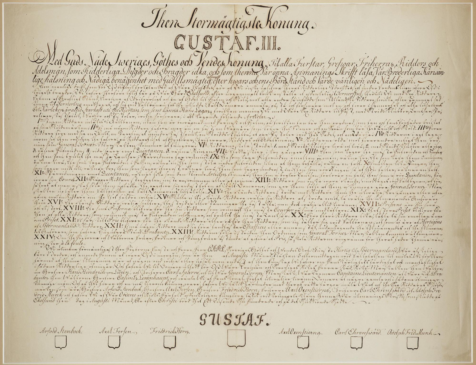 Gustav III.  Handskrivet utmaningsbrev till riddarspelet på Ekolsund 1776.